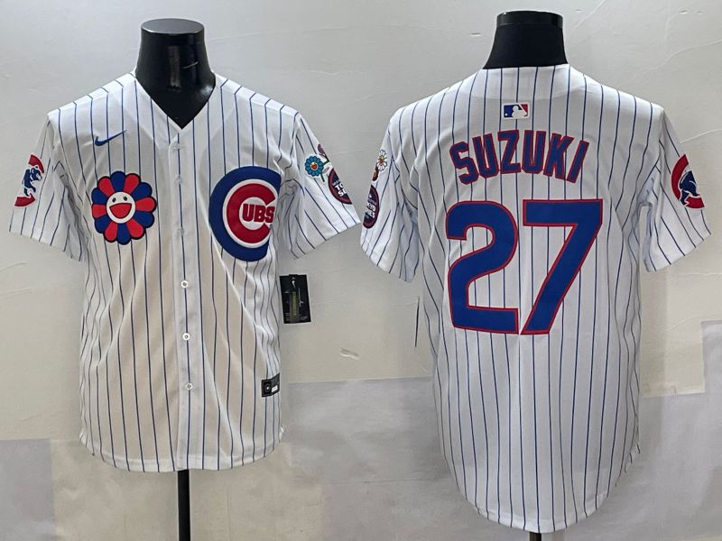 Men Chicago Cubs 27 Suzuki White Stripe Flower Edition 2025 Nike MLB Jersey style 1
